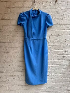 Maggy London Royal Blue Tie-Neck Midi Sheath Dress
